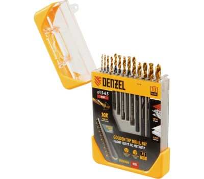 Набор сверл DENZEL Набор сверл по металлу, 1,5-6,5 мм, HSS-Tin, Golden Tip, 13 шт 72318