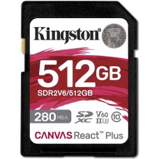 KINGSTON Карта памяти SDXC UHS-II Canvas React Plus 512 ГБ, 280 МБ/с, Class 10, SDR2V6/512GB, 1 шт., без адаптера