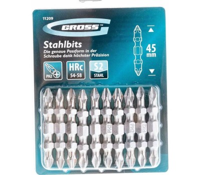 Бита GROSS Бита двухсторонняя, PH2-PH2 х 45 мм, сталь S2, 10 шт. 11209