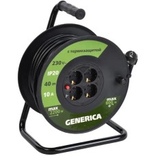 IEK Удлинитель силовой GENERICA УК40, розеток 4шт, 3x1.0 кв.мм, 10A, 40м, ПВС, катушка, черный [wkp10-10-04-40-g]