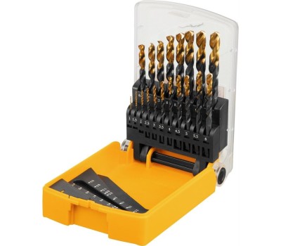 Набор сверл DENZEL Набор сверл по металлу, 1-10 мм, HSS-Tin, Golden Tip, 19 шт 72321