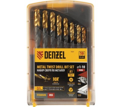 Набор сверл DENZEL Набор сверл по металлу, 1-10 мм, HSS-Tin, Golden Tip, 19 шт 72321