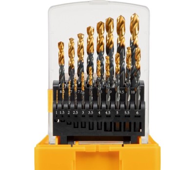 Набор сверл DENZEL Набор сверл по металлу, 1-10 мм, HSS-Tin, Golden Tip, 19 шт 72321
