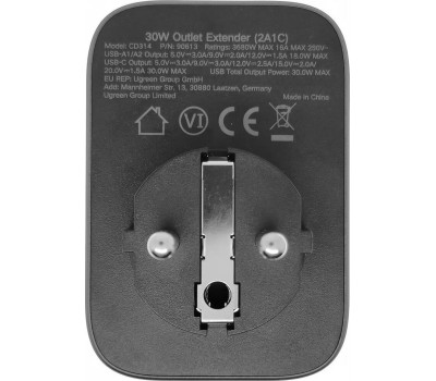UGREEN Сетевое зарядное устройство CD314 (90613) DigiNest Outlet Extender (1 AC outlets + 30W 2A1C). Цвет: черный