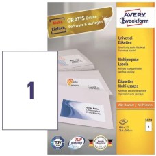 AVERY ZWECKFORM Этикетки 3478 A4 210x297мм 1шт на листе/70г/м2/100л./белый матовое самоклей. универсальная