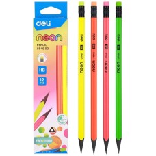 DELI Набор карандашей ч/г EU54600 Neon HB трехгран. пластик ассорти 4цв. неон кор.европод. (12шт) ластик 12 карандашей для тех/черт.целей