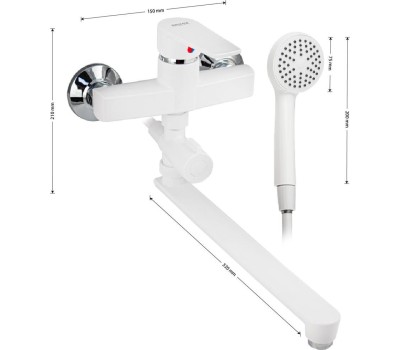 Смеситель для ванны BRIMIX 562 Смеситель в ванную, длинный излив, шаровый, из высокопрочного пластика АБС, БЕЛЫЙ с дивертором м/к