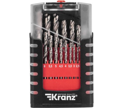 Сверло KRANZ (KR-91-0635) Набор сверл по металлу, 1-10мм (через 0,5мм), Р6М5, цилиндрический хвостовик, 19 шт.