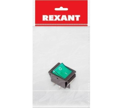 REXANT Выключатель клавишный 250В 16А (4с) вкл-выкл зеленый с подсветкой (1 шт/уп)