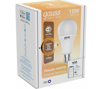 GAUSS Умная лампа Smart Home E27 белая 10Вт 1055lm Wi-Fi (1шт) [1070112]