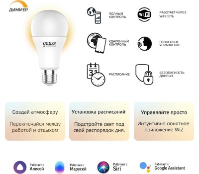 GAUSS Умная лампа Smart Home E27 белая 10Вт 1055lm Wi-Fi (1шт) [1070112]