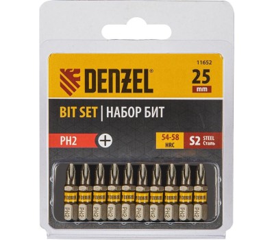 Бита DENZEL Бита PH2х25, сталь S2, шестигранный профиль, 10 шт. Е 6,3 11652
