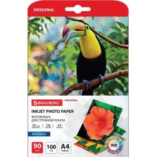 BRAUBERG Фотобумага 363979, A4, для струйной печати, 100л, 90г/м2, белый, покрытие матовое