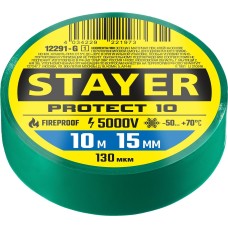 STAYER PROTECT-10, 15 мм х 10 м, 5 000 В, зеленая, изолента ПВХ, Professional (12292-G)