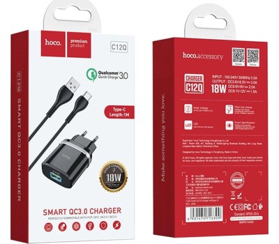 Сетевое ЗУ HOCO (6931474716293) C12Q 1USB 3.0A QC3.0 TYPE-C 1м черный