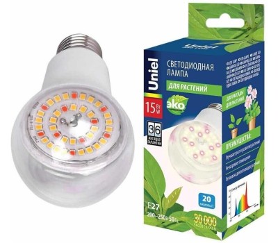 Фито-лампа UNIEL (UL-00007405) для растений LED-A60-15W/SPFB/E27/CL PLP30WH