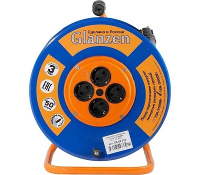 Удлинители GLANZEN EB-50-010, на катушке, с/з, 4 роз - 50м