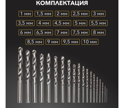Сверло KRANZ (KR-91-0638) Набор сверл по металлу, 1-10мм (через 0,5мм, 3,2мм, 4,8мм), HSS, цилиндрический хвостовик, металлический кейс, 21 шт.