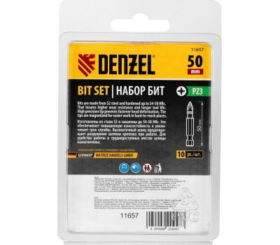 Бита DENZEL Бита PZ3х50, сталь S2, шестигранный профиль, 10 шт. Е 6,3 11657
