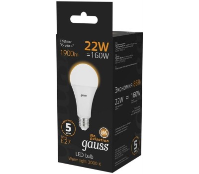 GAUSS Лампа LED E27, груша, 22Вт, A70, одна шт. [102502122]