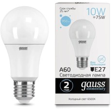 GAUSS Лампа светодиодная Elementary 10Вт цок.:E27 груша 220B св.свеч.бел.хол. A60 (упак.:10шт) (23230)