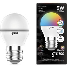 GAUSS Лампа светодиодная 105102406 6Вт цок.:G45 шар 175B св.свеч.RGB (упак.:1шт)