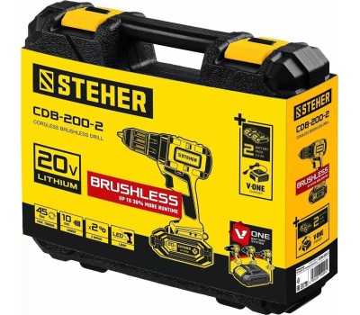 Дрель STEHER CDB-200-2 20В бесщёточная дрель-шуруповерт, 2 АКБ (2Ач), в кейсе