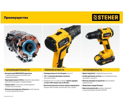 Дрель STEHER CDB-200-2 20В бесщёточная дрель-шуруповерт, 2 АКБ (2Ач), в кейсе
