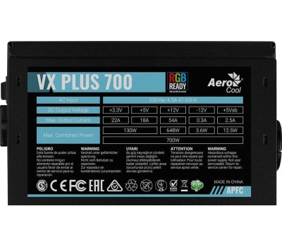 Блок питания AEROCOOL Блок питания 700W VX PLUS 700 черный RGB (ATX, APFC, 20+4 pin, 2xPCIe 6+2P, 3хMolex, 6xSATA, 120mm fan) (VX PLUS 700 RGB)