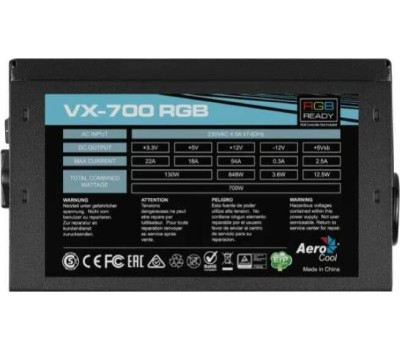 Блок питания AEROCOOL Блок питания 700W VX PLUS 700 черный RGB (ATX, APFC, 20+4 pin, 2xPCIe 6+2P, 3хMolex, 6xSATA, 120mm fan) (VX PLUS 700 RGB)