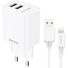 PERO Сетевое зарядное устройство TC02, 2xUSB-A, 8-pin Lightning, 10.5Вт, 2.1A, белый [тс02w2al]