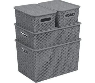 Корзина для хранения VIOLET Вязь 7,5л с крышкой серая 532118
