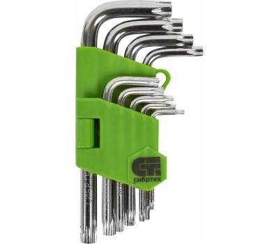 Набор ключей СИБРТЕХ Набор ключей имбусовых Tamper-Torx , 9 шт: ТT10-ТT50.45x, закаленные, короткие, никель