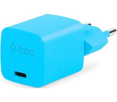 TTEC Сетевое зарядное устройство SmartCharger GAN 20W PD USB-C Travel Fast Charger с кабелем USB-C - USB-C 3A. Длина кабеля: 120см. Цвет: неоновый голубой
