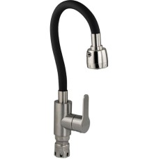 МАГНУС - Смеситель для кухни, с гибким чёрным изливом и двухрежимным аэратором, корпус из нержавеющей стали марки SUS 304, цвет САТИН. 9216-B