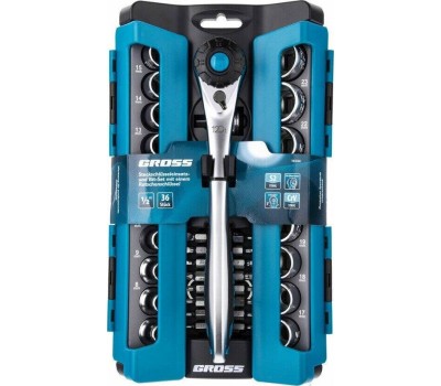 Наборы инструмента GROSS Набор торцевых головок, трещотка 120 зубьев, 41 предмет, 1/2