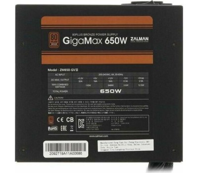 Блок питания ZALMAN Блок питания ZM650-GVII, 650Вт, 80 PLUS BRONZE, 120мм, черный, retail