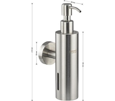 BRIMIX - Дозатор для жидкого мыла настенный, антивандальный, 250 мл, цилиндрический корпус, из нержавеющей стали SUS 304, цвет САТИН. 22088