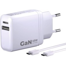 BORASCO Сетевое зарядное устройство USB + USB type-C, USB type-C, 45Вт, 3A, белый [52389]