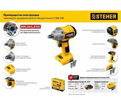 Винтоверт STEHER CWB-300 20В бесщёточный гайковерт, без АКБ, в коробке