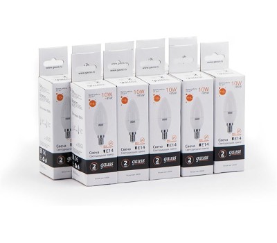 GAUSS Лампа светодиодная Elementary 10Вт цок.:E14 свеча 220B 3000K св.свеч.бел.теп. C37 (упак.:10шт) (33110)