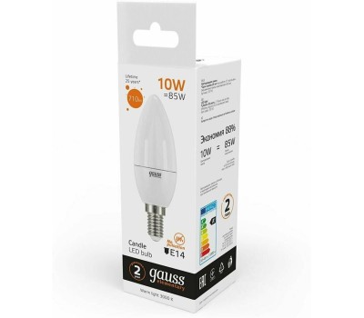 GAUSS Лампа светодиодная Elementary 10Вт цок.:E14 свеча 220B 3000K св.свеч.бел.теп. C37 (упак.:10шт) (33110)