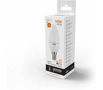 GAUSS Лампа светодиодная Elementary 10Вт цок.:E14 свеча 220B 3000K св.свеч.бел.теп. C37 (упак.:10шт) (33110)