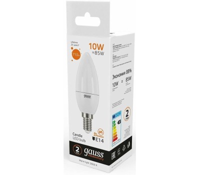 GAUSS Лампа светодиодная Elementary 10Вт цок.:E14 свеча 220B 3000K св.свеч.бел.теп. C37 (упак.:10шт) (33110)