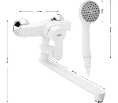 Смеситель для ванной BRIMIX 555 Смеситель в ванную длинный излив с дивертором, шаровый из высокопрочного пластика АБС - БЕЛЫЙ