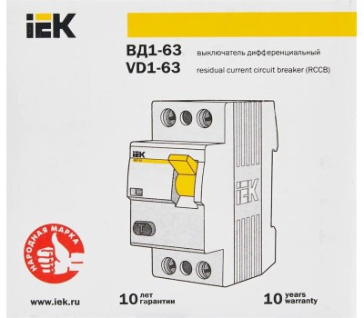 IEK Выключатель дифф. тока (УЗО) ВД1-63 (MDV10-2-063-300) 63A 2П 230В 2 модуля белый (упак.:1шт)
