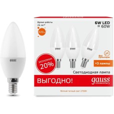 GAUSS Упаковка ламп LED E14, свеча, 6Вт, 33116T, 3 шт