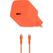 TTEC Сетевое зарядное устройство SmartCharger GAN 20W PD USB-C Travel Fast Charger с кабелем USB-C - USB-C 3A. Длина кабеля: 120см. Цвет: неоновый оранжевый