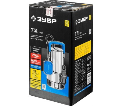 Дренажный насос ЗУБР НПГ-Т3-750-С Профессионал , дренажный насос для грязной воды, корпус - нерж. сталь