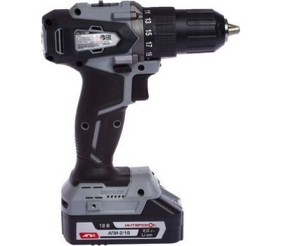 Дрель-шуруповерт ИНТЕРСКОЛ ДА-13/18ВК бесщеточная аккум. дрель-шуруп. Li-ion АПИ (кейс, 2 аккум. 1,5Ач, ЗУ)